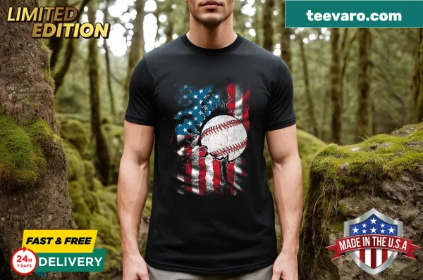 Vintage baseball and American flag graphic T-shirt for Fourth of July