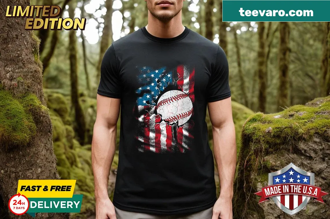 Vintage baseball and American flag graphic T-shirt for Fourth of July — on a men's t-shirt