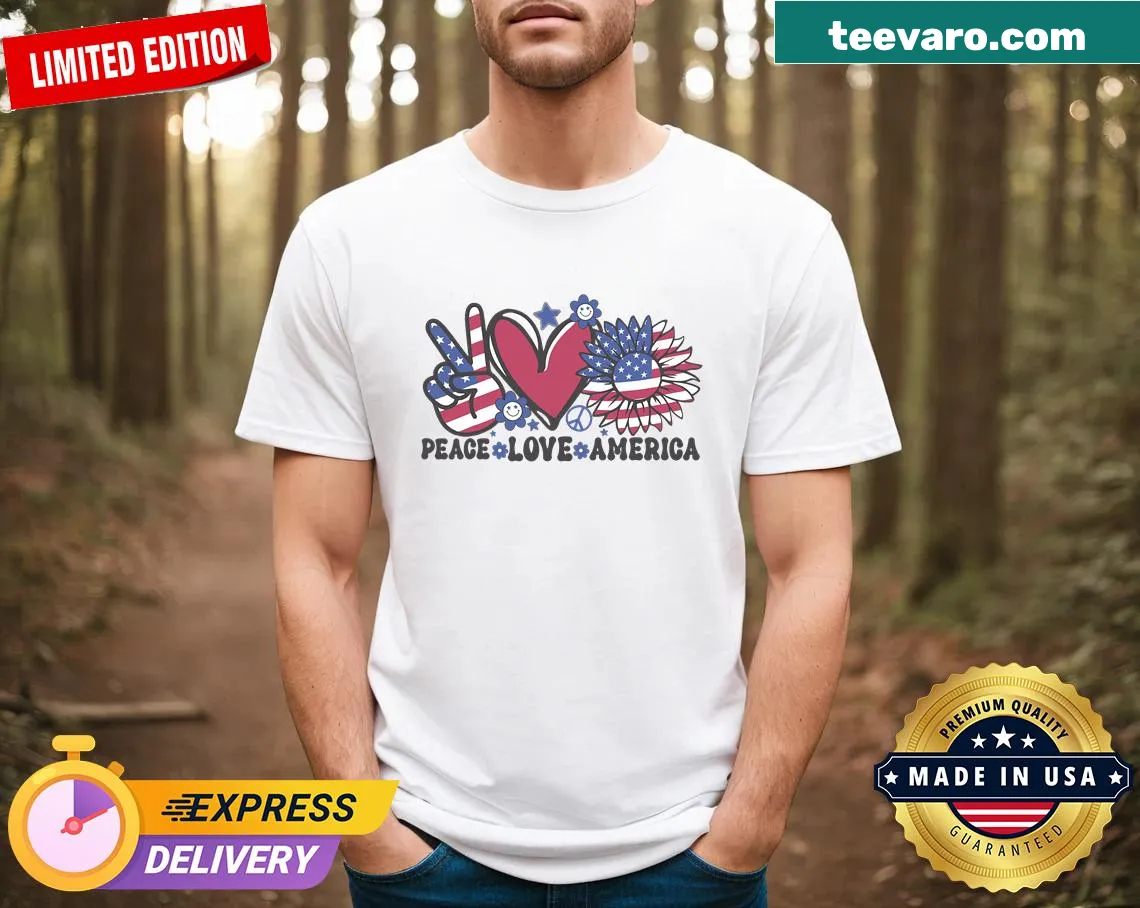 Retro t-shirt with U.S. flag and Peace Love America text — on a men's t-shirt