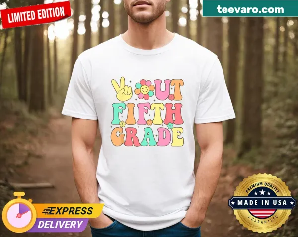 Embroidered t-shirt with 'Peace Out Fifth Grade' text
