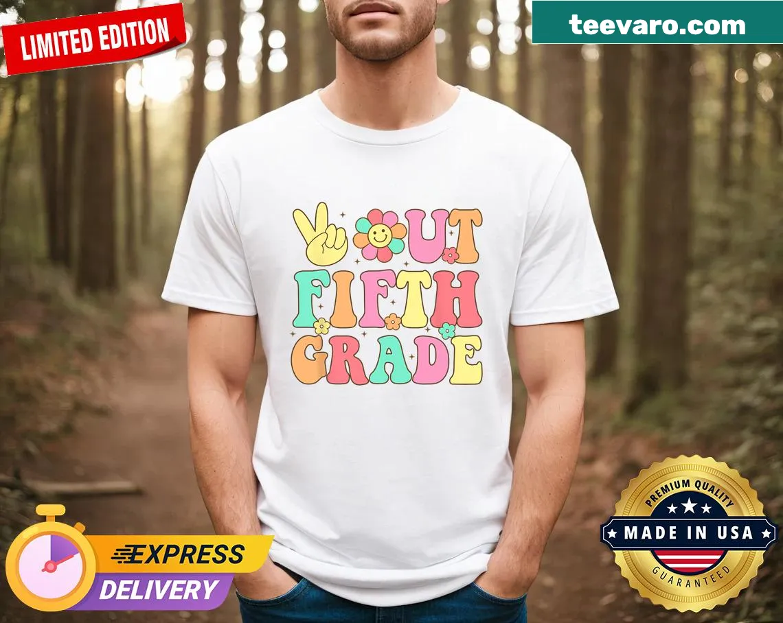 Embroidered t-shirt with 'Peace Out Fifth Grade' text — on a men's t-shirt