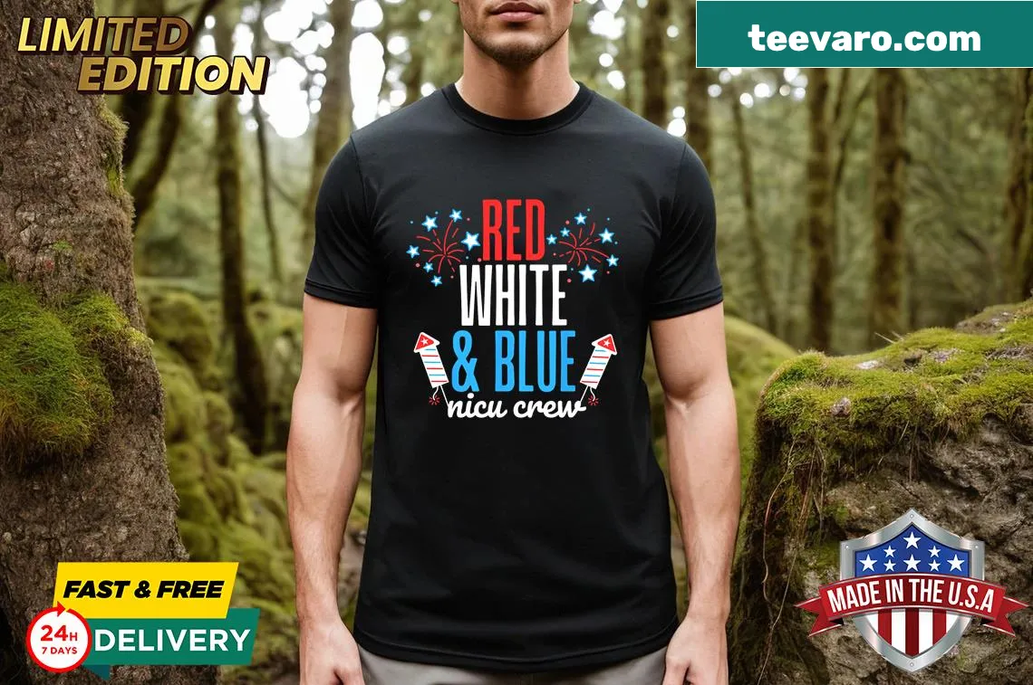Vintage NICU crew T-shirt in red, white, and blue for July 4th celebration — on a men's t-shirt