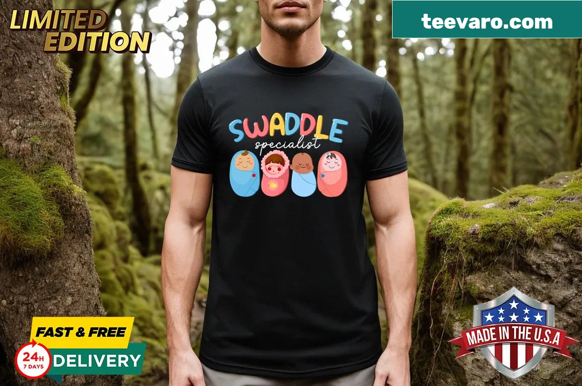NICU nurse t-shirt featuring a tribute to swaddle specialists. — on a men's t-shirt