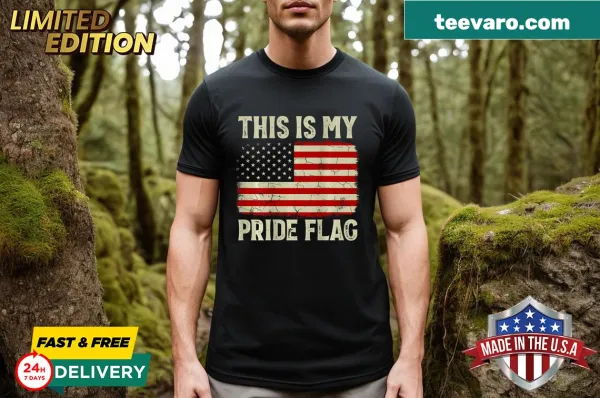 T-shirt featuring a pride flag design on the back and patriotic text