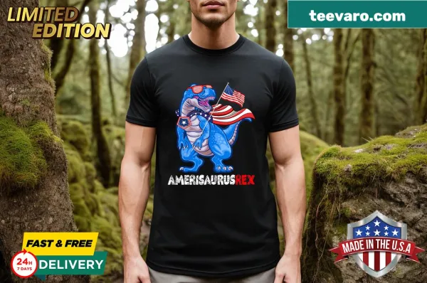 T-shirt featuring dinosaur design with USA flag for 4th of July