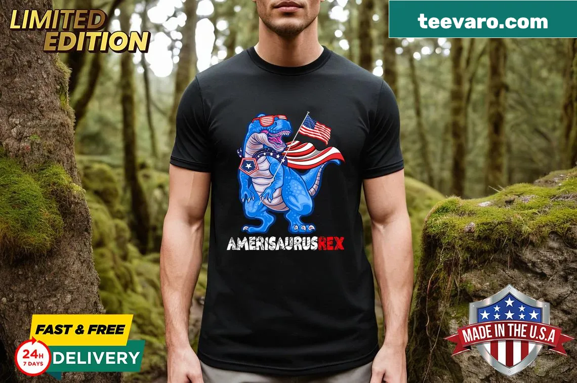 T-shirt featuring dinosaur design with USA flag for 4th of July — on a men's t-shirt
