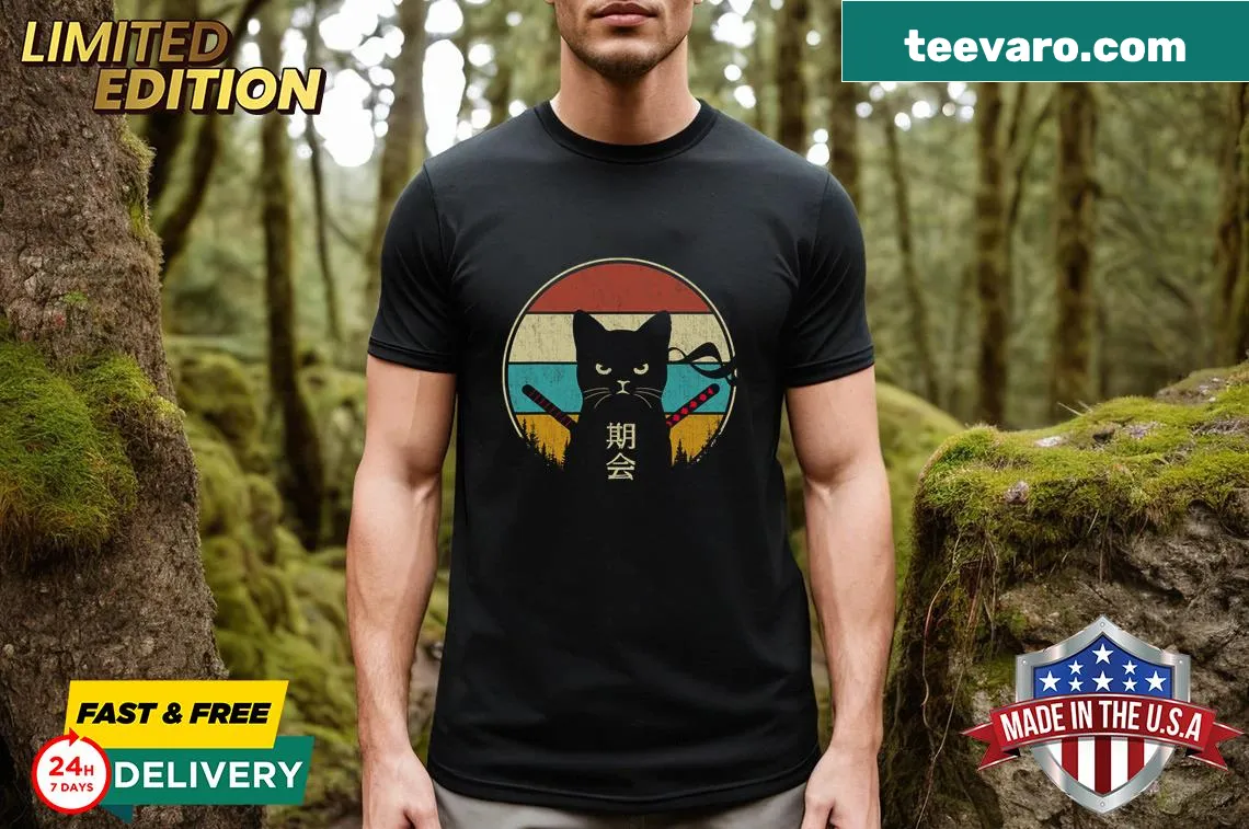 Vintage kawaii cat design on a distressed retro t-shirt for cat lovers — on a men's t-shirt