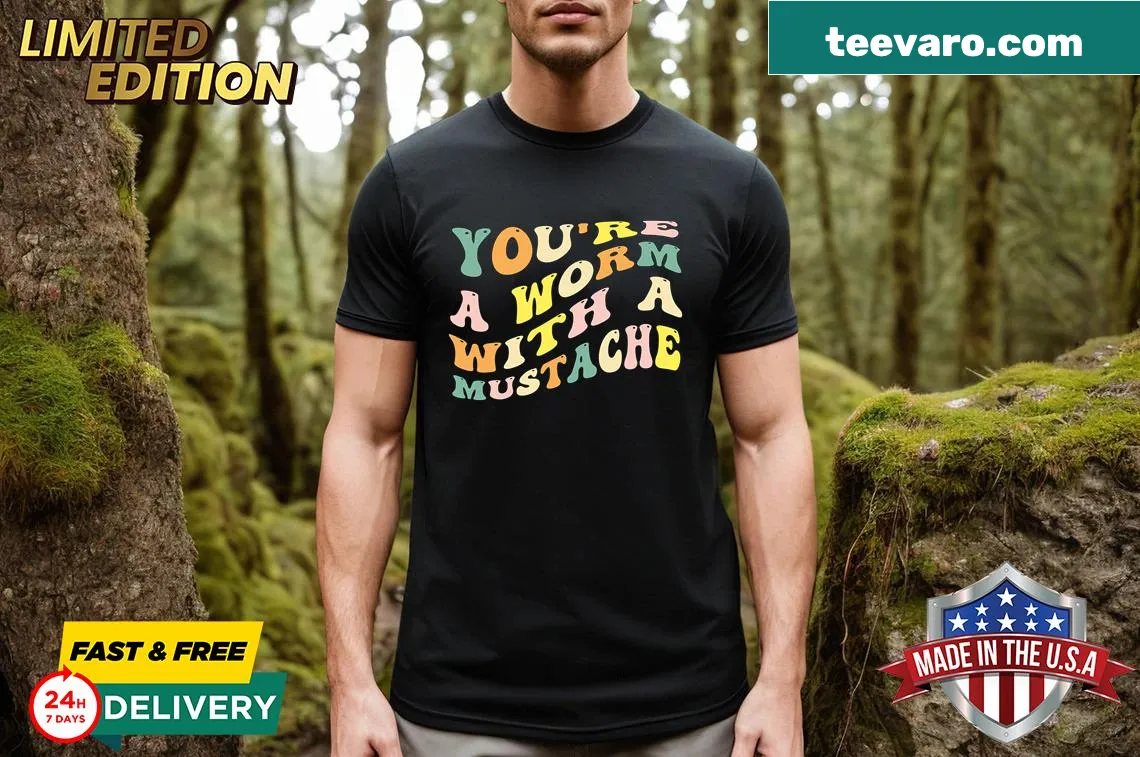 Whimsical T-shirt with a worm and mustache graphic — on a men's t-shirt