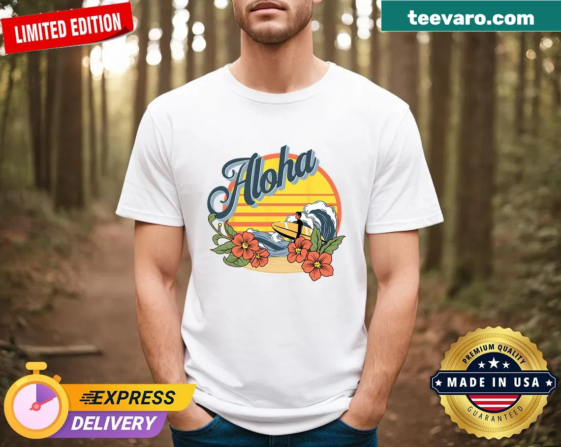 Vintage Aloha Hawaiian surf graphic T-shirt for men — on a men's t-shirt