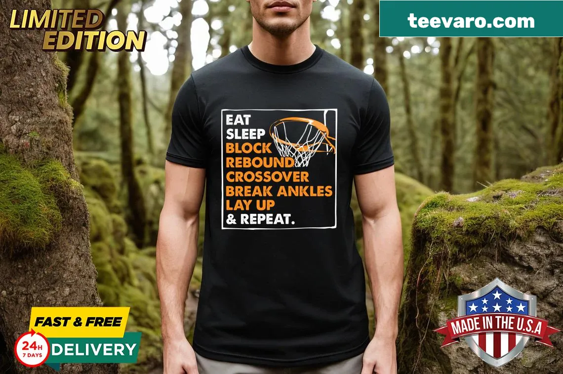 Funny basketball player t-shirt with eat sleep repeat slogan — on a men's t-shirt