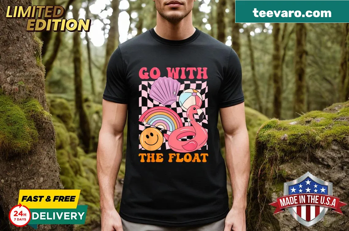 Graphic T-shirt featuring 'Go With The Float' swimming pool design — on a men's t-shirt