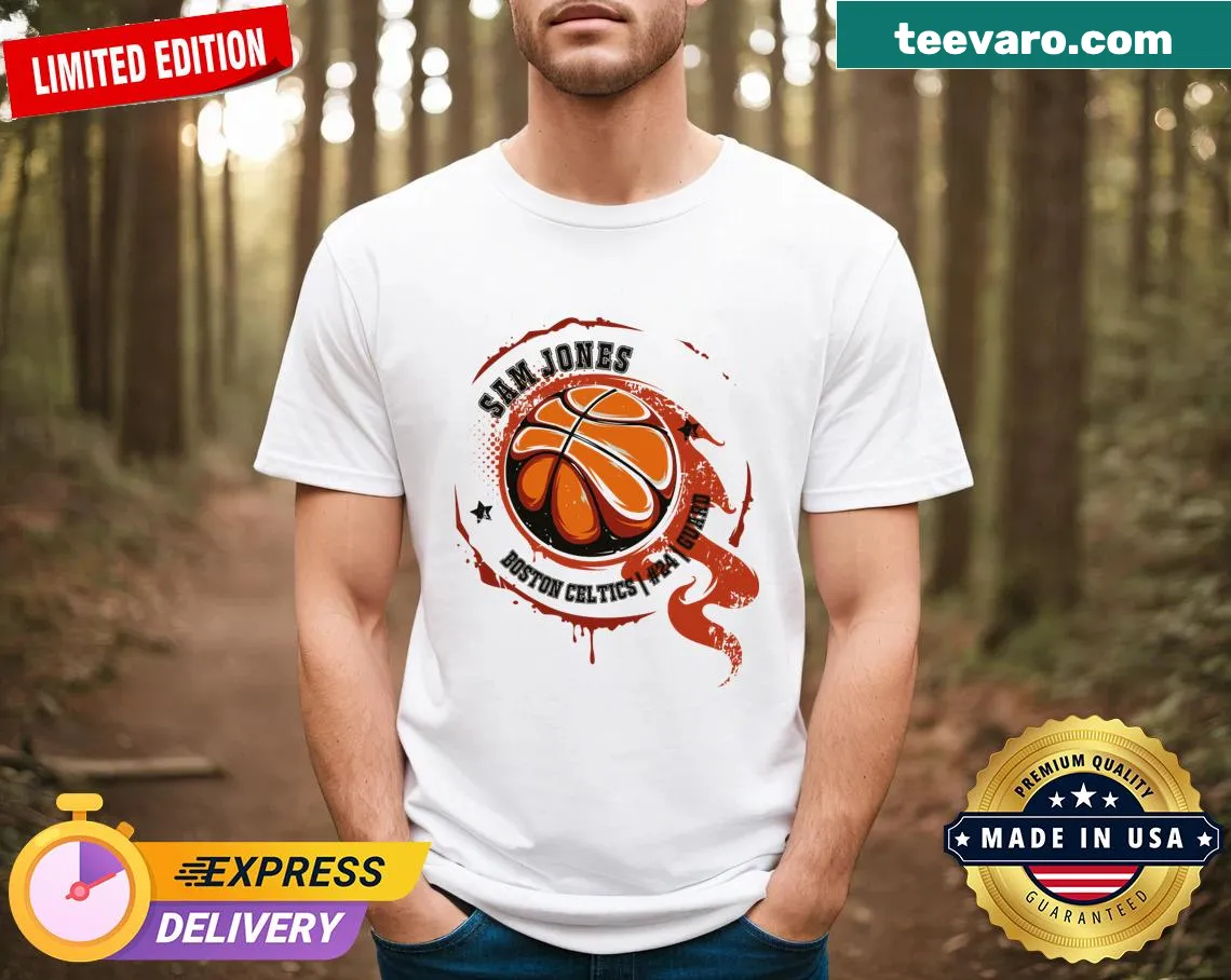 Retro T-shirt honoring basketball legends, featuring Same Jones — on a men's t-shirt