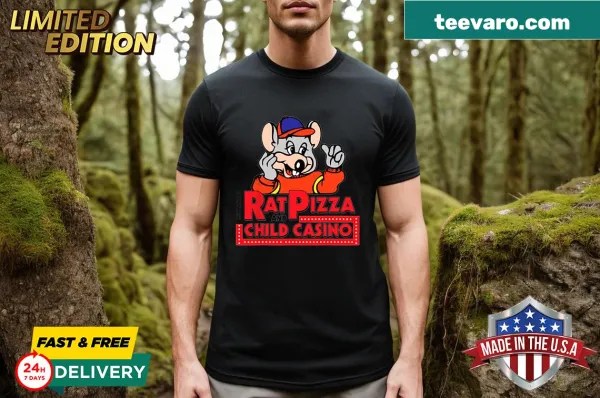 Illustrative t-shirt with a mechanical rat, pizza, and casino theme