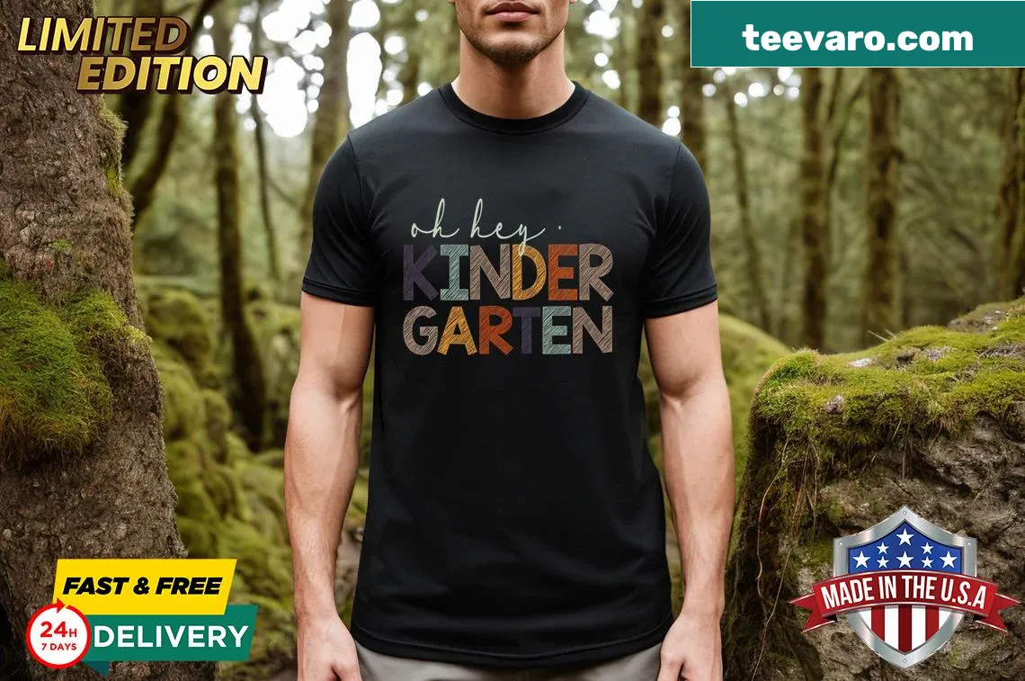 Back to school T-shirt with Oh Hey Kindergarten design — on a men's t-shirt
