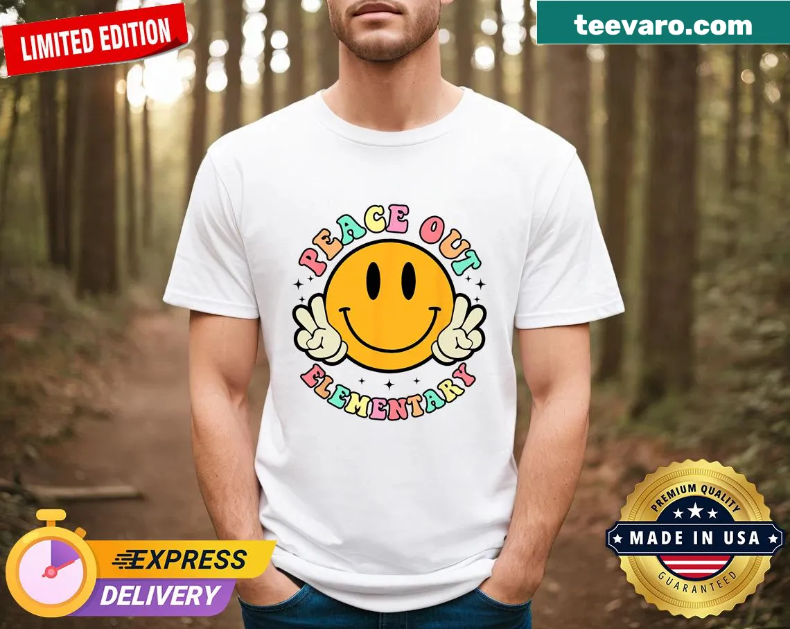 Retro T-shirt for kids with 'Peace Out' graphics for the last day of school — on a men's t-shirt