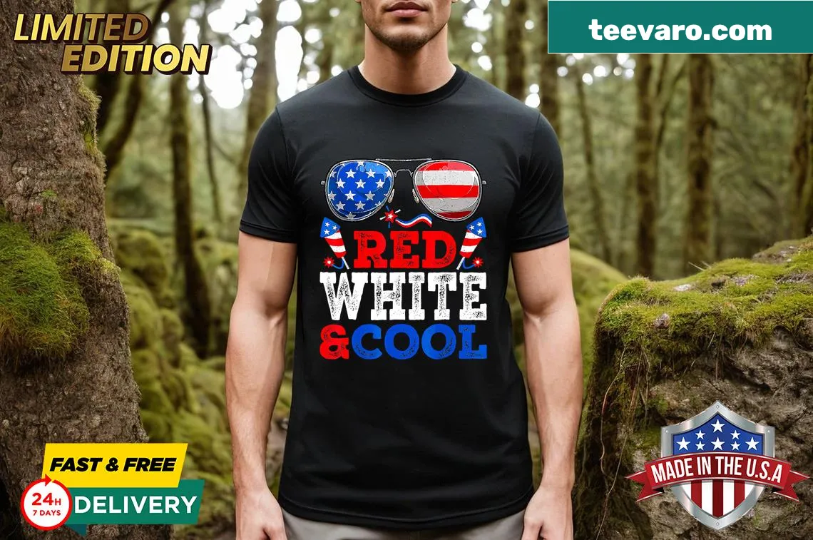 4th of July T-shirt with firework sunglasses graphic and USA flag — on a men's t-shirt