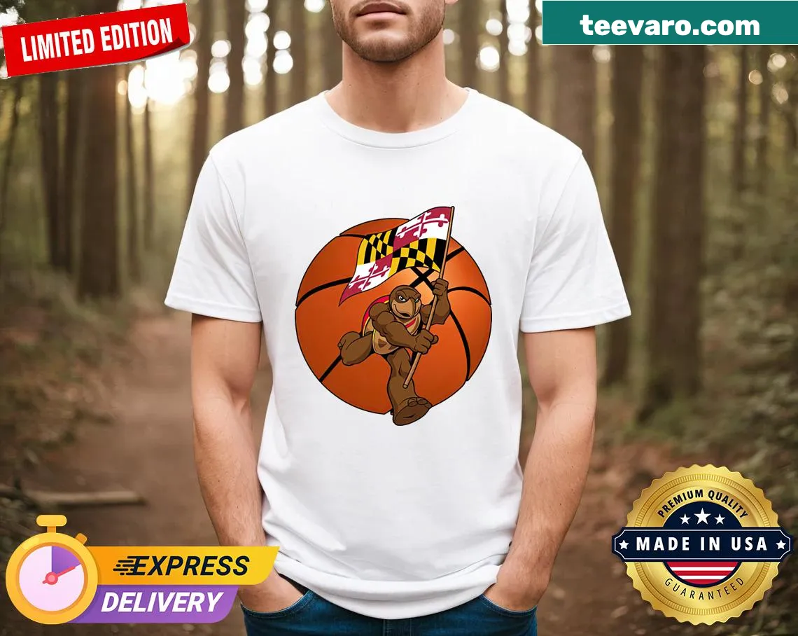 Funny turtle basketball t-shirt with cartoon embroidery — on a men's t-shirt