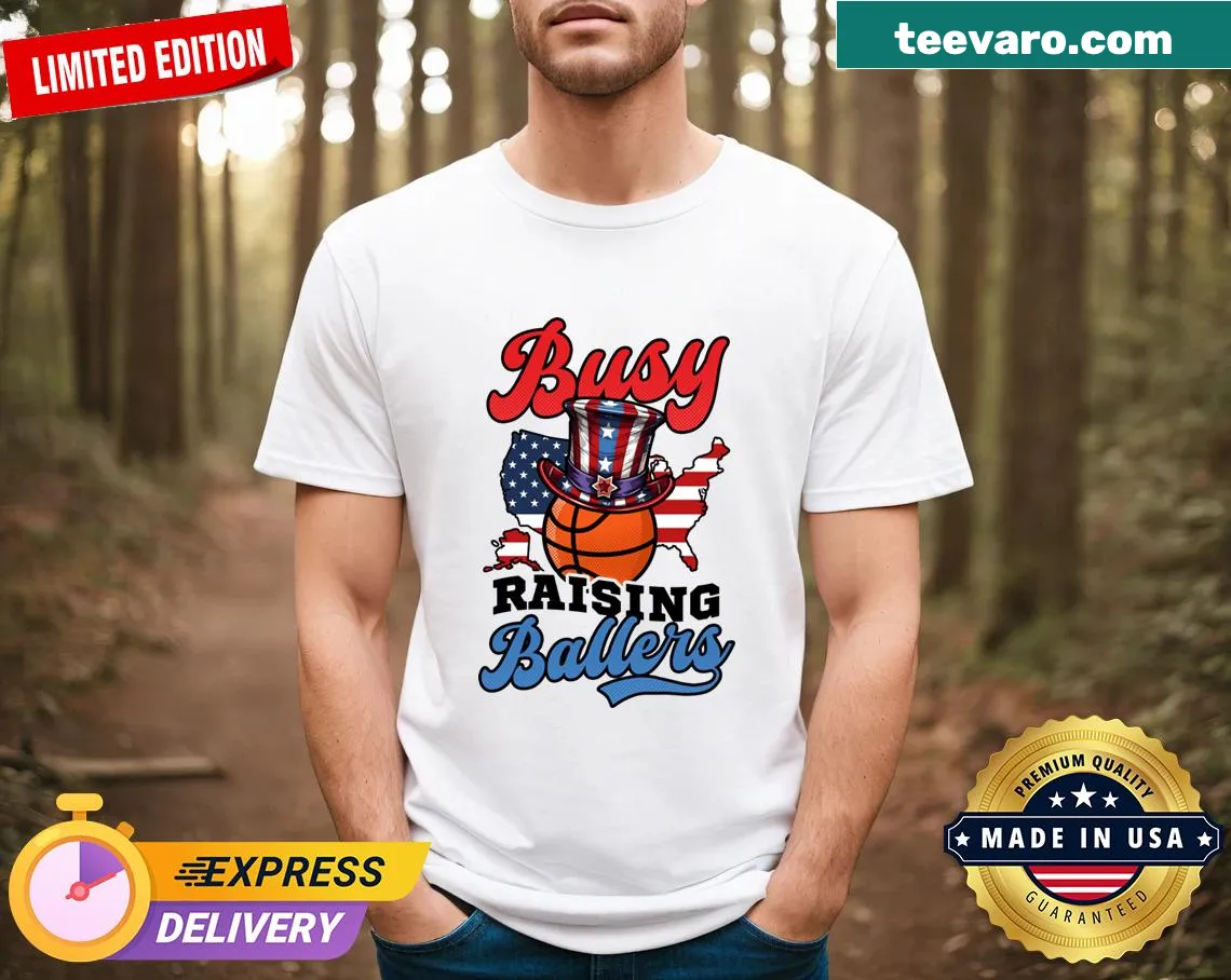 Busy Raising Ballers t-shirt graphic for 4th of July — on a men's t-shirt