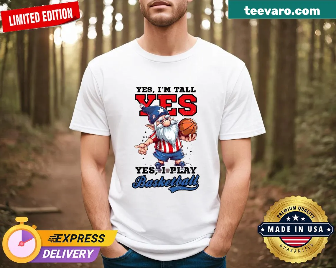 Yes I'm Tall Play Gnome basketball graphic t-shirt for 4th of July — on a men's t-shirt