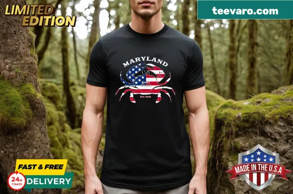 Embroidered t-shirt featuring a blue crab and American flag design, showcasing Maryland pride