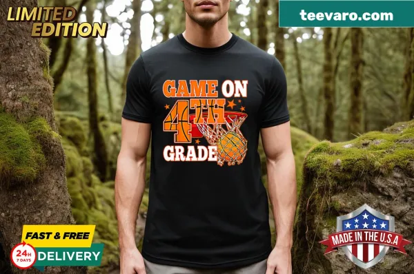 Embroidered T-shirt for boys featuring a basketball design for 4th graders.