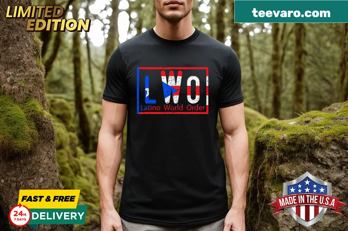 Embroidered T-shirt with Latino World Order design representing Puerto Rico — on a men's t-shirt