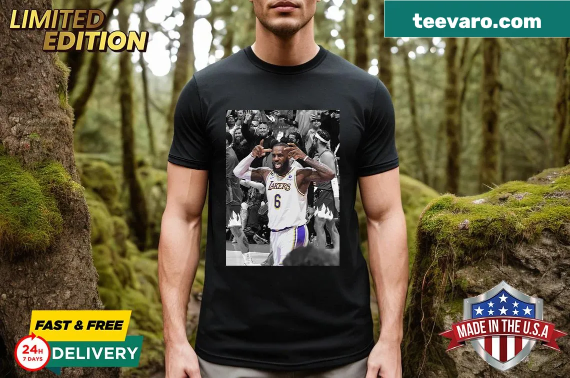 Fashionable t-shirt featuring LeBron James and a crown design — on a men's t-shirt