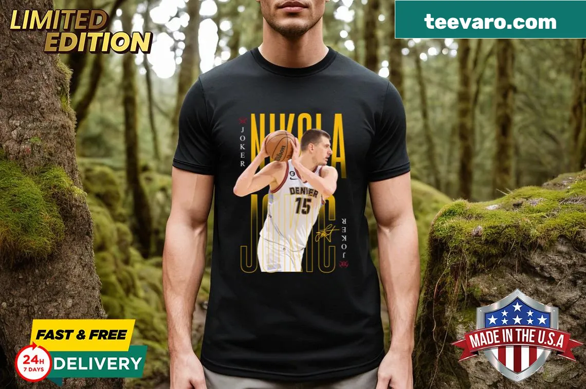 Funny graphic featuring Nikola Jokic as The Joker on a T-shirt. — on a men's t-shirt