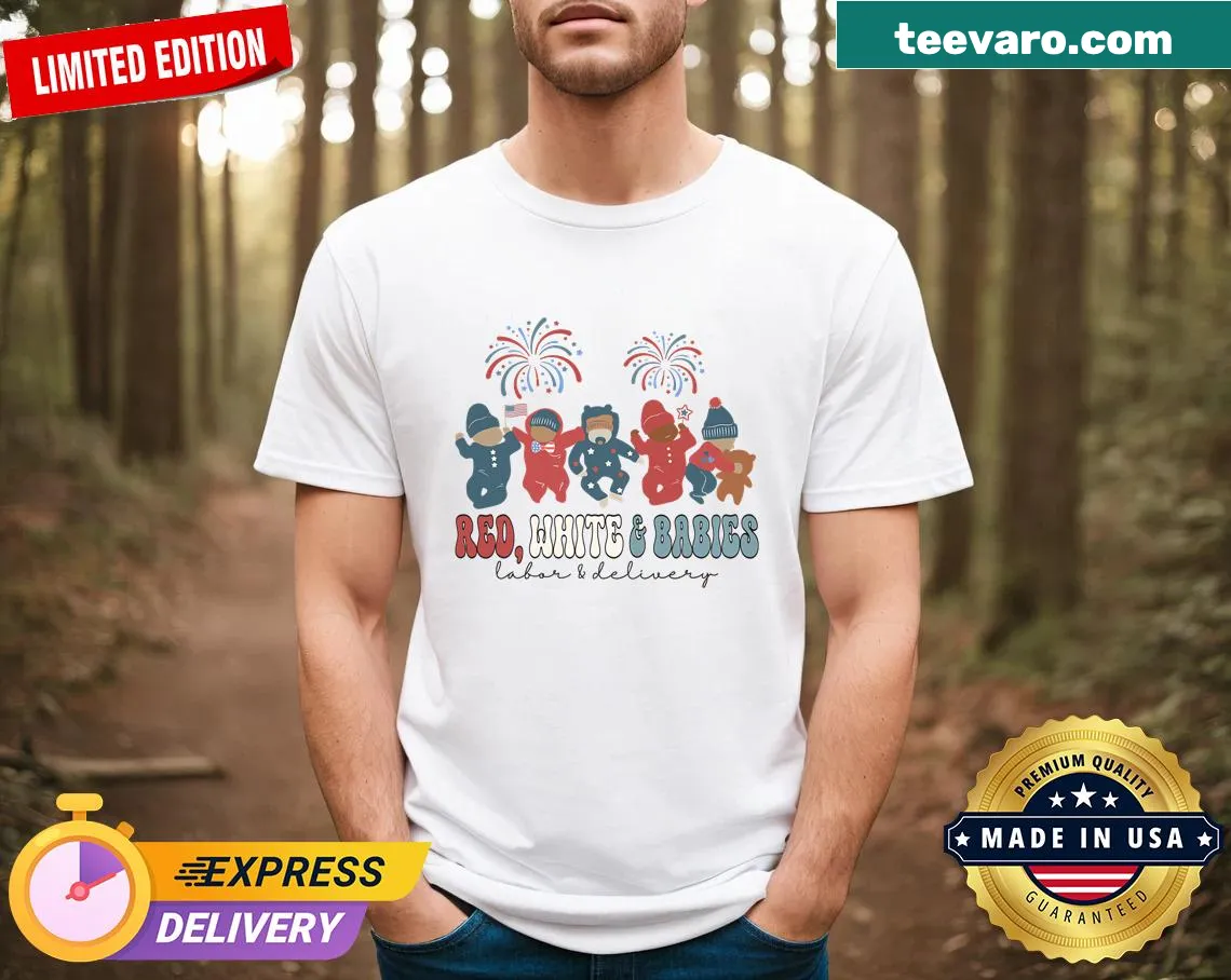 Patriotic T-shirt for nurses with labor and delivery theme for 4th of July. — on a men's t-shirt