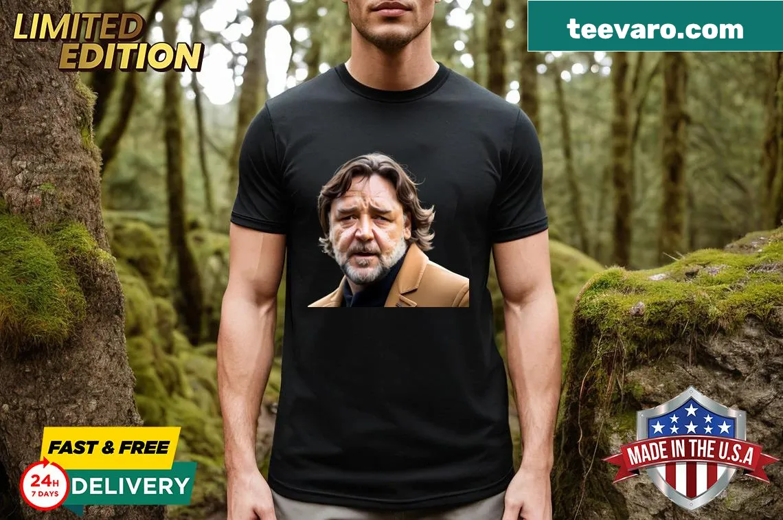 Whimsical T-shirt featuring a playful Russell Crowe design — on a men's t-shirt