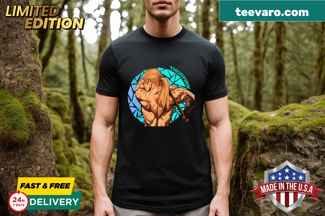 Illustrated Thorfinn from Vinland Saga on a stylish T-shirt — on a men's t-shirt