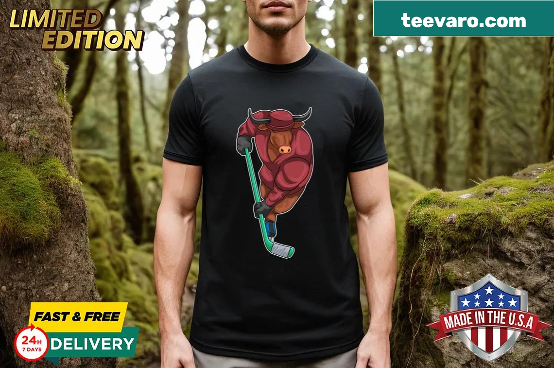 Athletic T-shirt featuring bull and ice hockey stick graphic — on a men's t-shirt