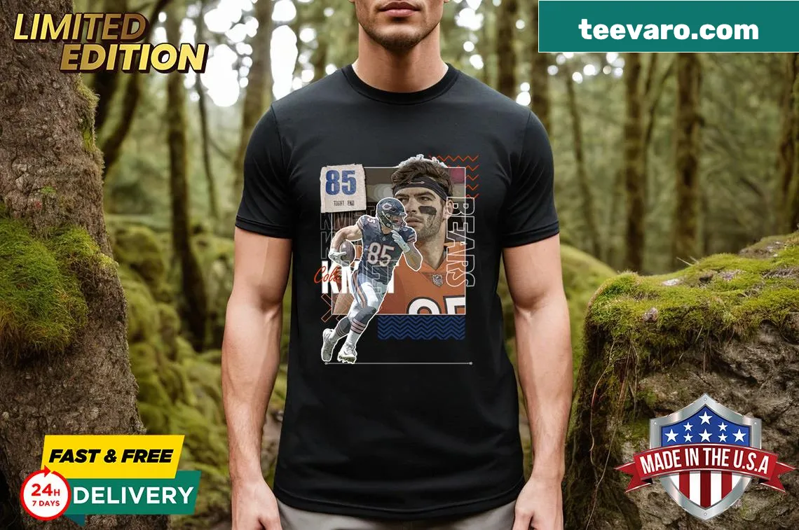 T-shirt featuring a graphic of Cole Kmet — on a men's t-shirt
