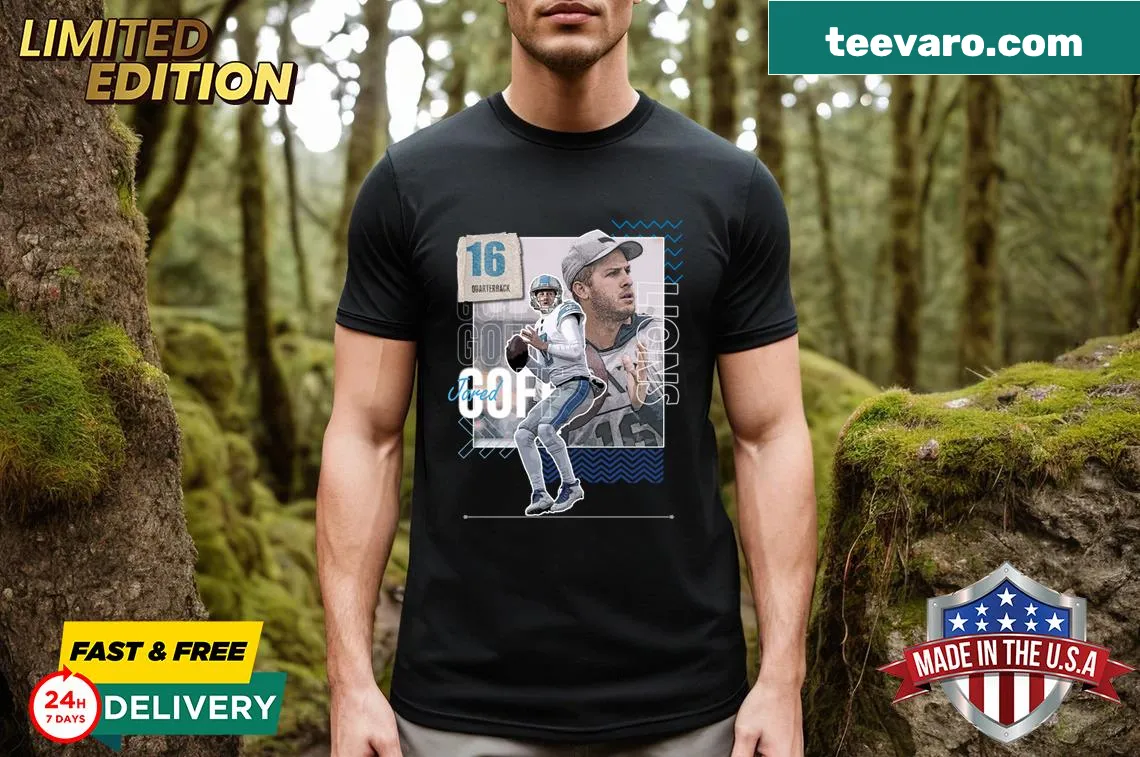 Graphic t-shirt featuring a humorous illustration of Jared Goff and football theme — on a men's t-shirt