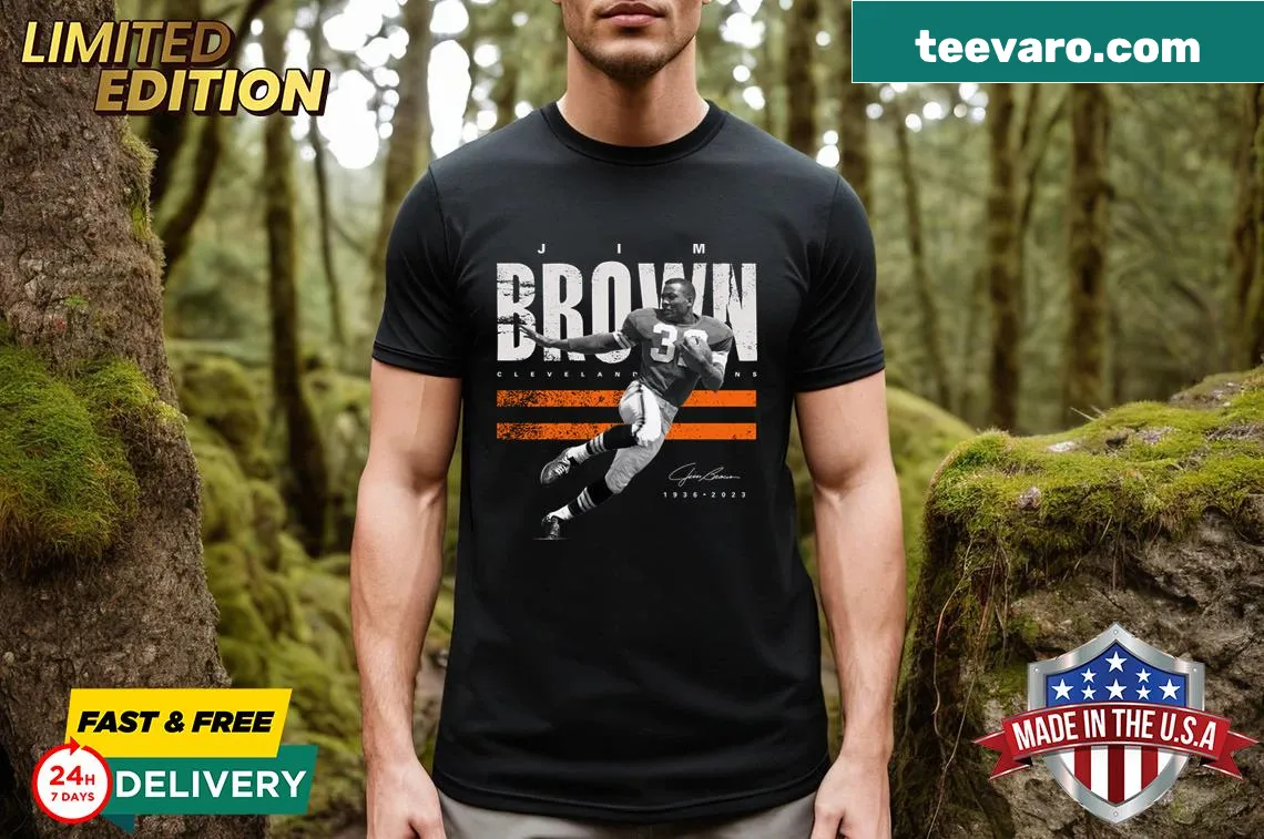 Tribute T-shirt featuring Jim Brown and Cleveland Browns emblem. — on a men's t-shirt