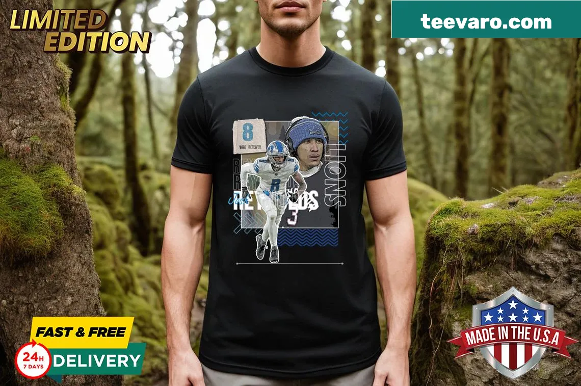 Slim fit t-shirt with illustration of Josh Reynolds from Lions football — on a men's t-shirt