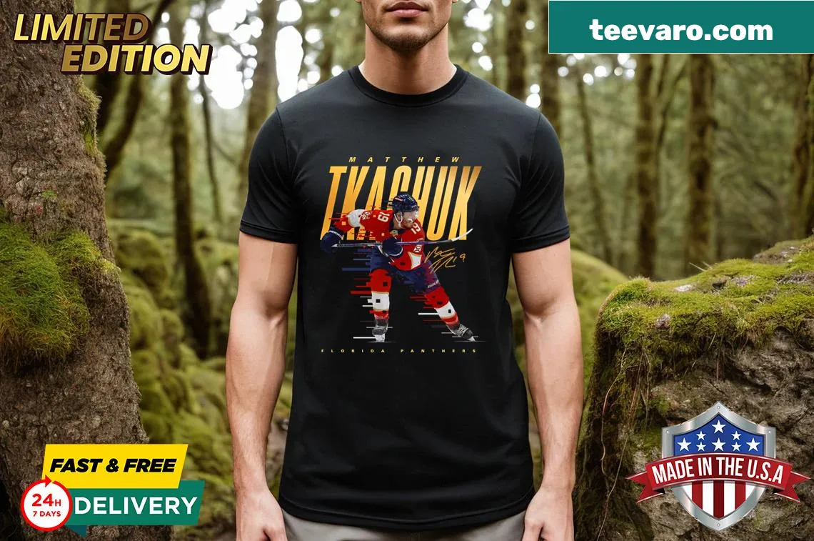 Illustrated Matthew Tkachuk limited edition t-shirt showcasing the player in action — on a men's t-shirt