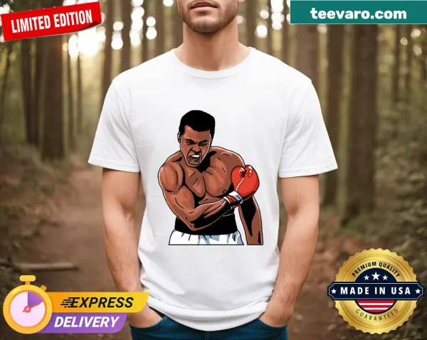 Muhammad Ali in iconic pose illustration on T-shirt