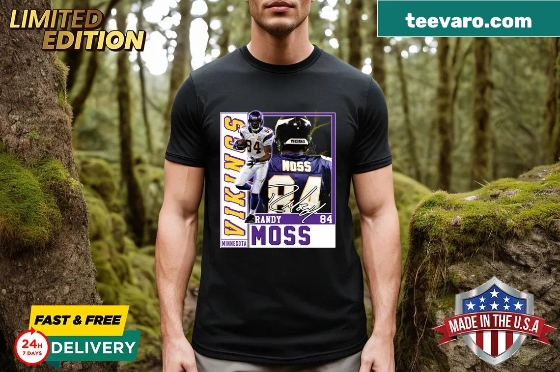 Randy Moss signature vintage football t-shirt with retro style elements — on a men's t-shirt