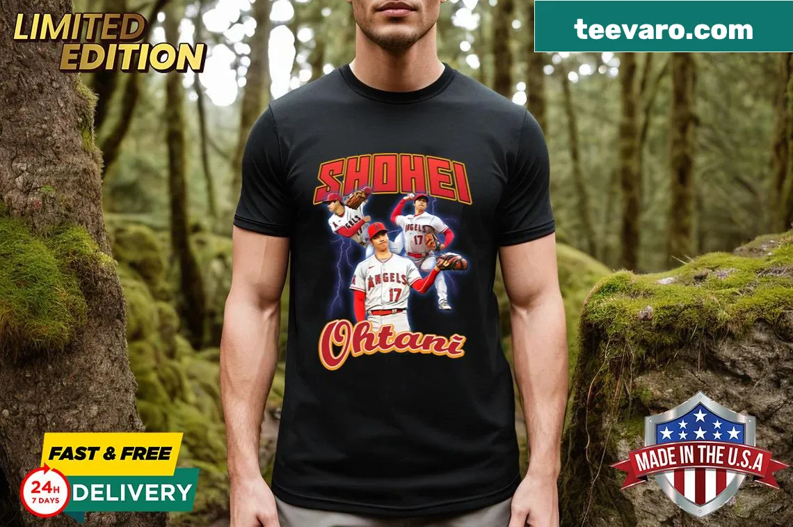 Shohei Ohtani baseball poster t-shirt showcasing his dual-threat ability — on a men's t-shirt