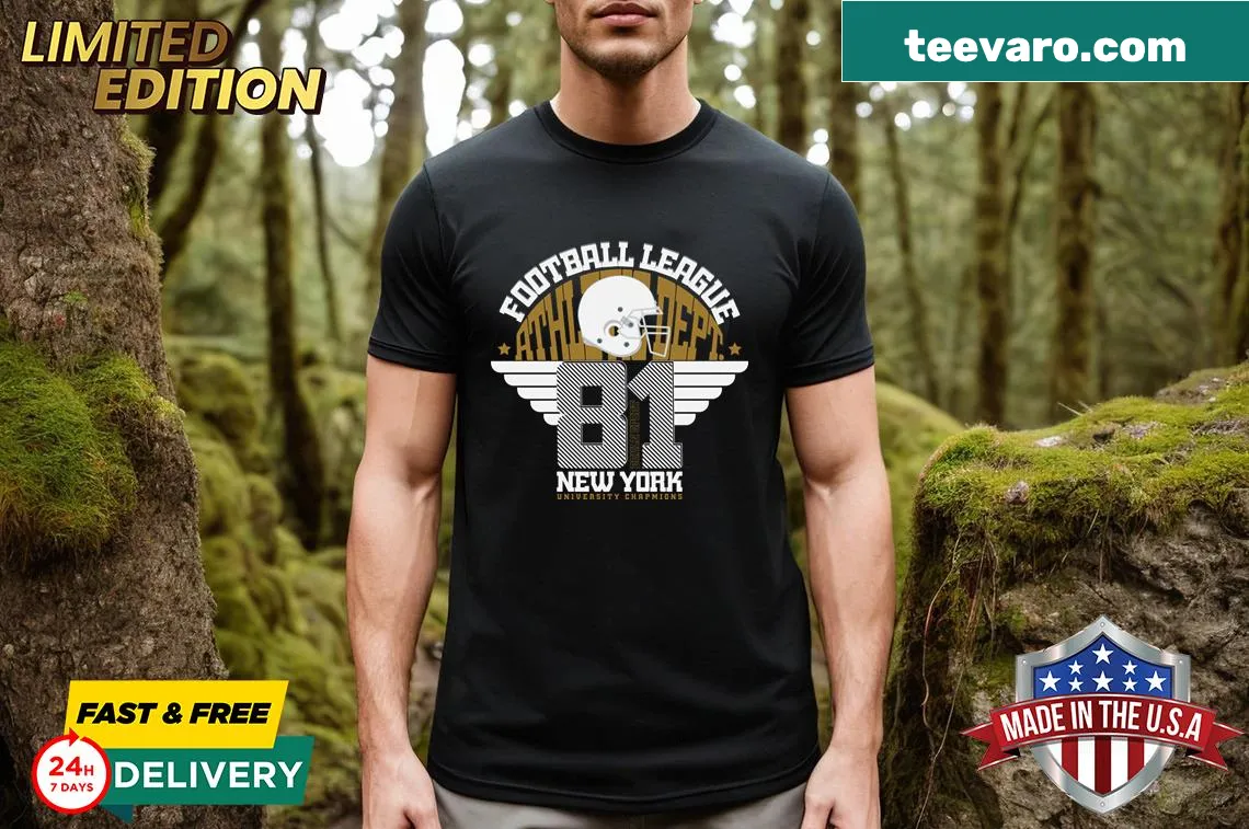 Graphic T-shirt celebrating university football with various logos — on a men's t-shirt