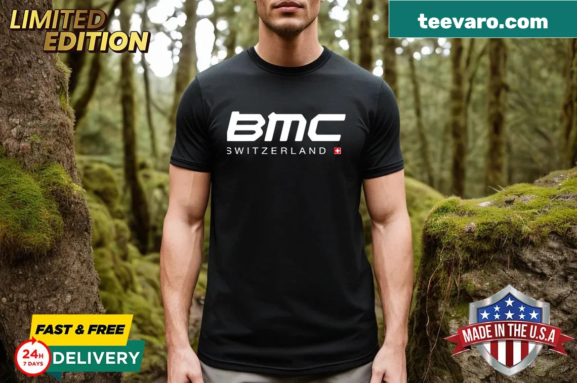 BMC Switzerland bike logo graphic t-shirt — on a men's t-shirt
