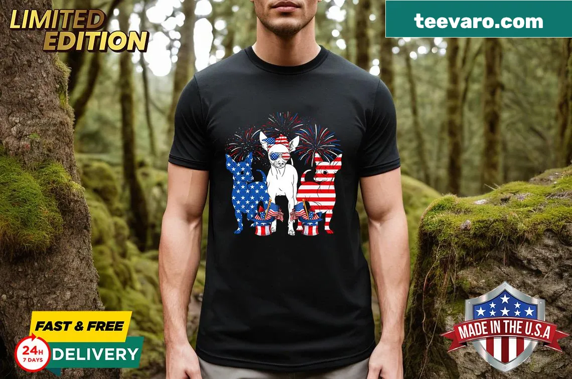 Cute Chihuahua dogs with American flag design for July 4th t-shirt. — on a men's t-shirt