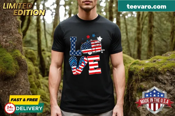 Cartoon T-shirt with camping theme and USA flag for Fourth of July
