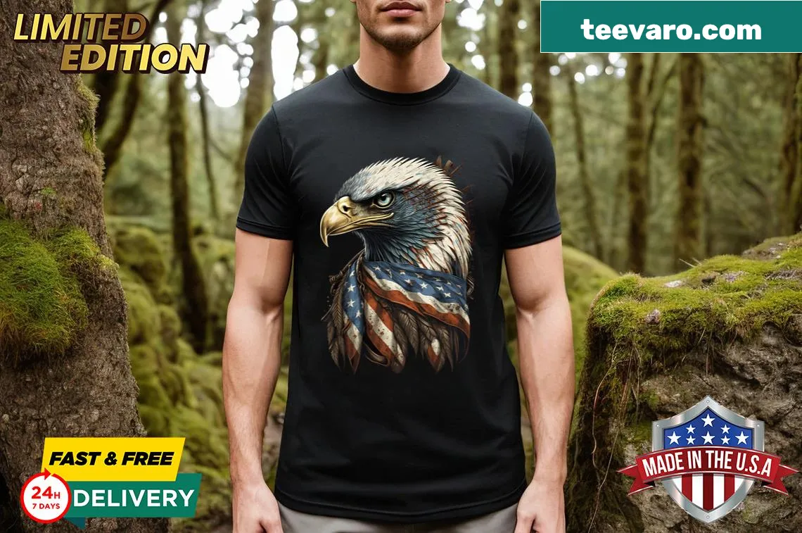 Bald eagle and American flag t-shirt for Fourth of July celebrations — on a men's t-shirt
