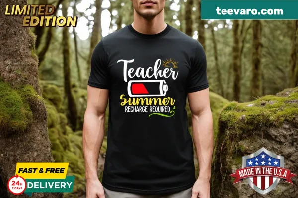 Spunky teacher-themed t-shirt with summer recharge message