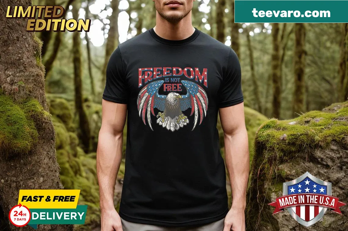 Vintage T-shirt with eagle and American flag saying 'Freedom Is Not Free' — on a men's t-shirt