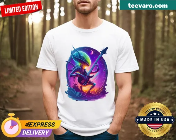 Illustration of a playful alien playing guitar under stars