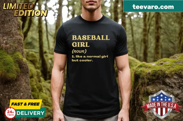 Illustration of a girl playing baseball on an oversized shirt