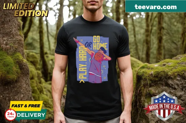 Cartoon T-shirt featuring a basketball player dabbing with a playful quote
